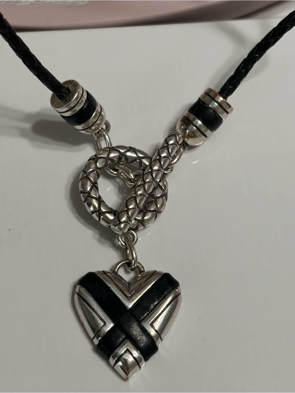 BRIGHTON Whisper Black Heart Necklace Braided Leather Silver Plate Front Toggle